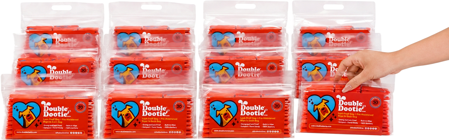 Twelve Double Dootie 30-count packs lined up in two rows